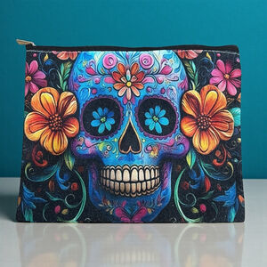 Day of the Dead Sugar Skull Zipper Pouch Makeup Coin Bag Floral 8x6 NWT